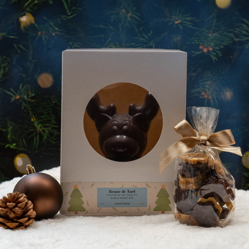 Renne de Noël au chocolat noir bean to bar dans sa boite Renne de Noël au chocolat noir bean to bar dans sa boite